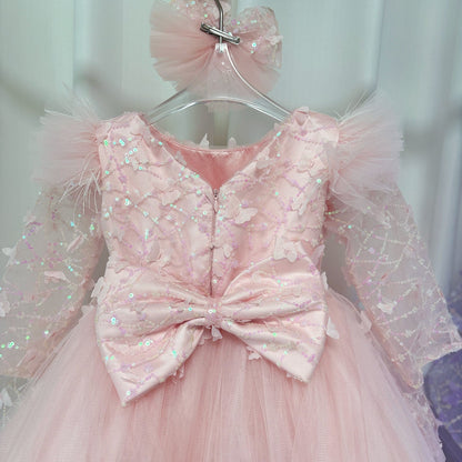 Sequins Lilac Long Sleeve Girl Dress Knee Length J287