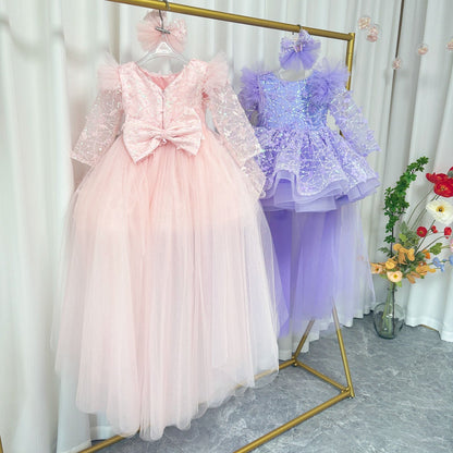 Sequins Lilac Long Sleeve Girl Dress Knee Length J287