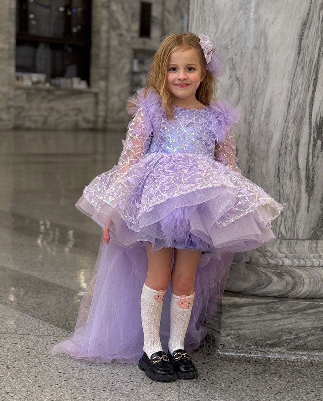Sequins Lilac Long Sleeve Girl Dress Knee Length J287