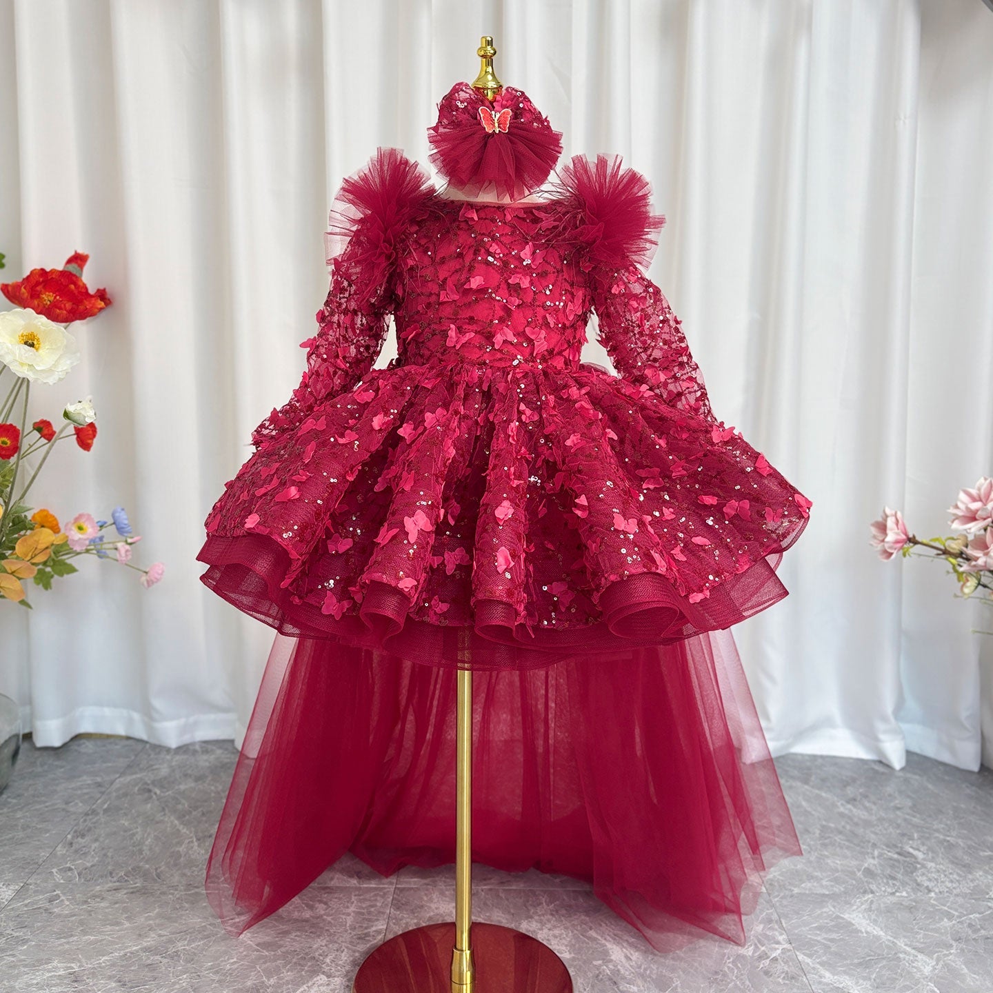 Sequins Lilac Long Sleeve Girl Dress Knee Length J287