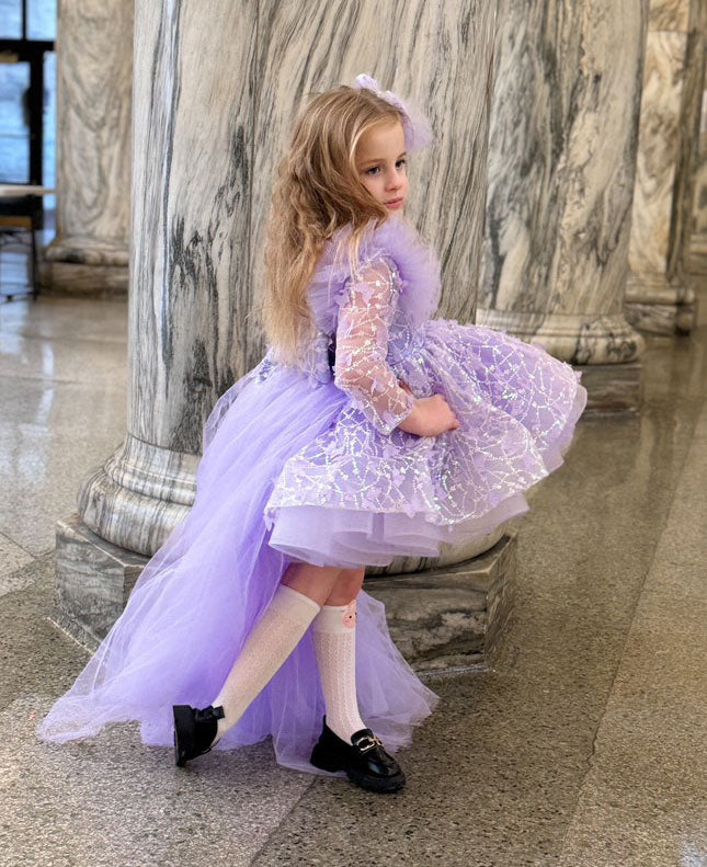 Sequins Lilac Long Sleeve Girl Dress Knee Length J287