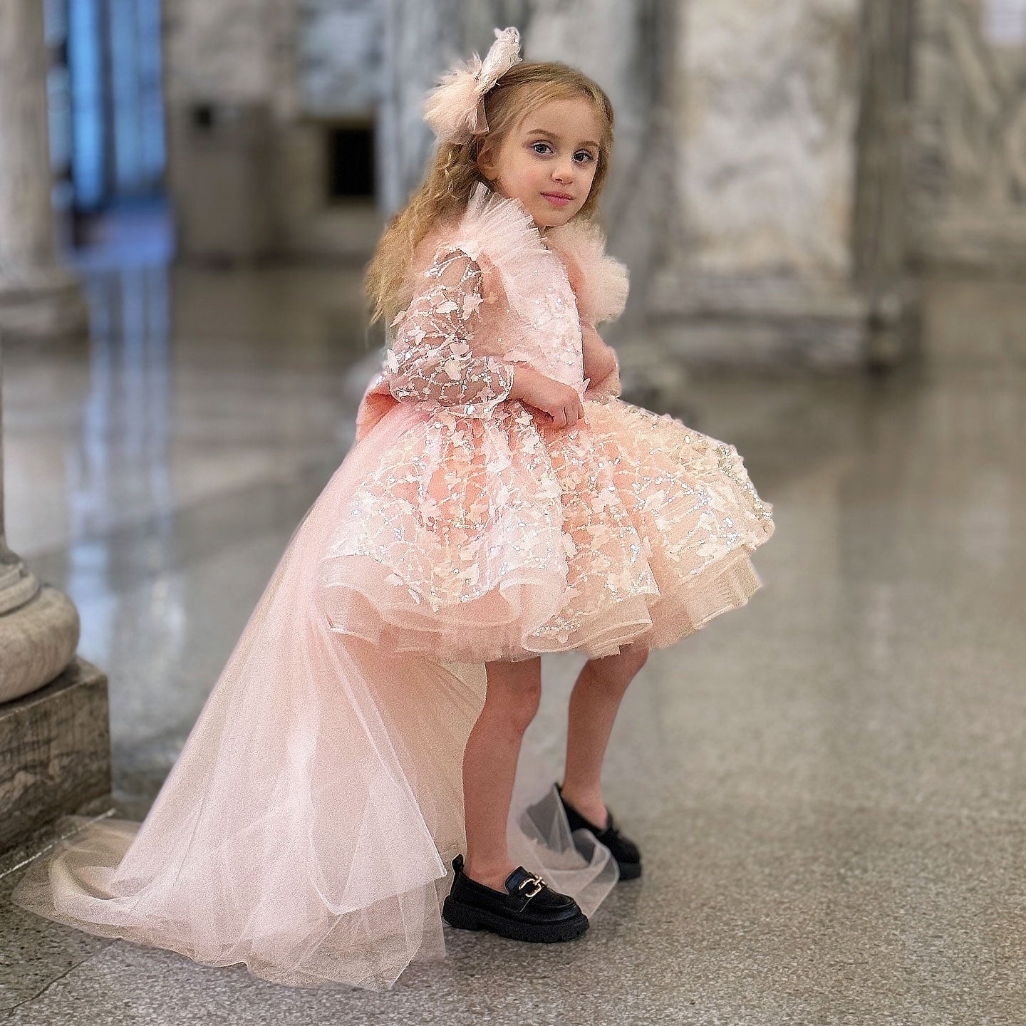 Sequins Lilac Long Sleeve Girl Dress Knee Length J287