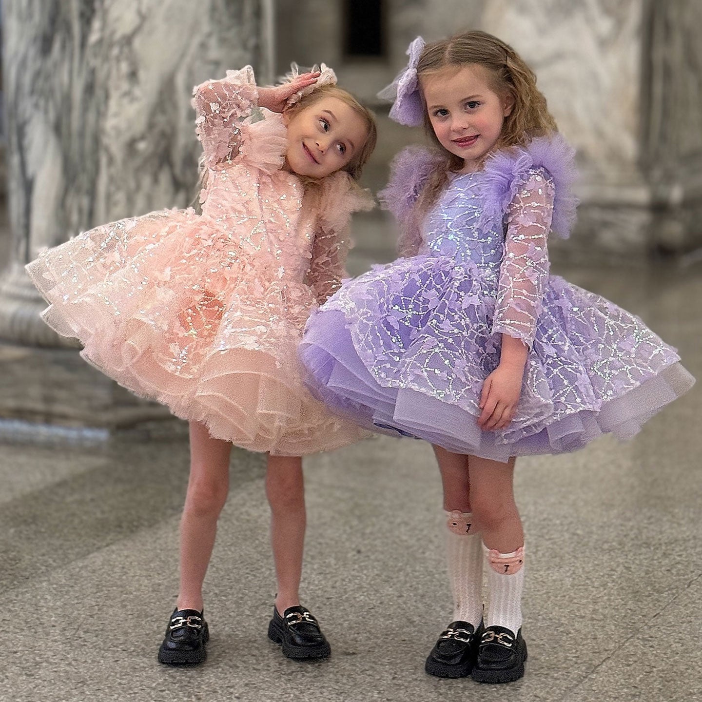 Sequins Lilac Long Sleeve Girl Dress Knee Length J287