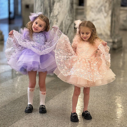 Sequins Lilac Long Sleeve Girl Dress Knee Length J287