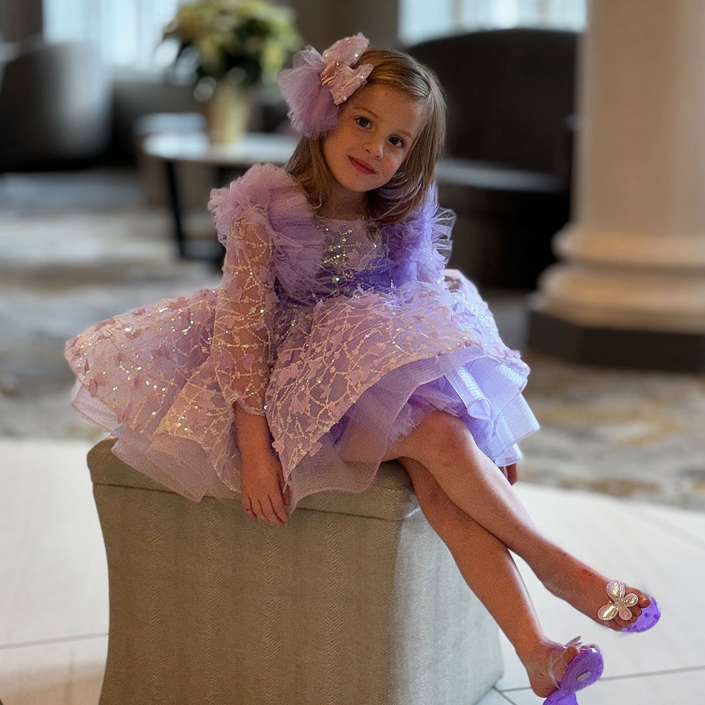 Sequins Lilac Long Sleeve Girl Dress Knee Length J287