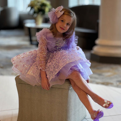Sequins Lilac Long Sleeve Girl Dress Knee Length J287