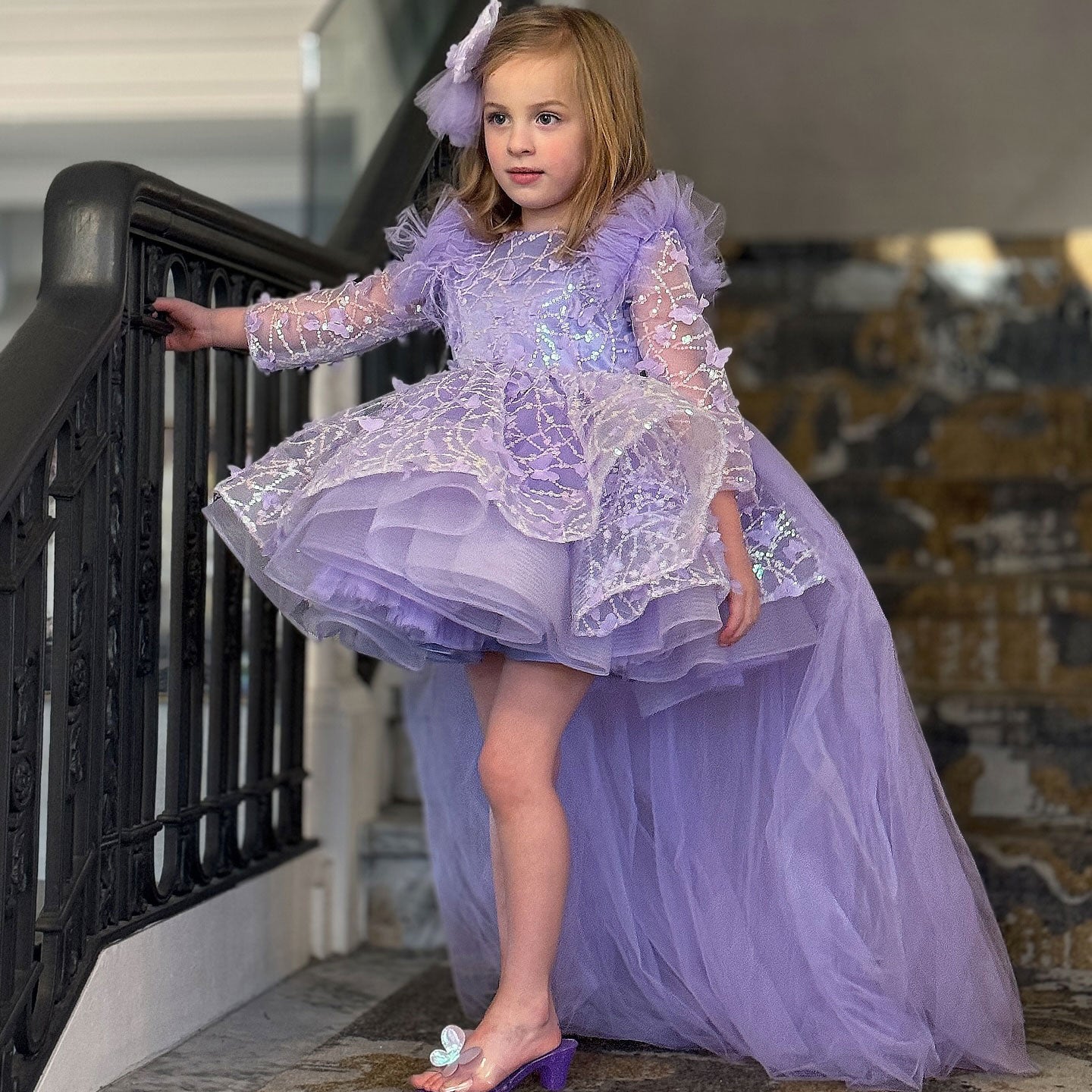 Sequins Lilac Long Sleeve Girl Dress Knee Length J287