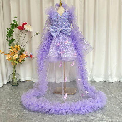 Sequins Pink Girl Dress Knee Length Train Long Sleeve Princess J282