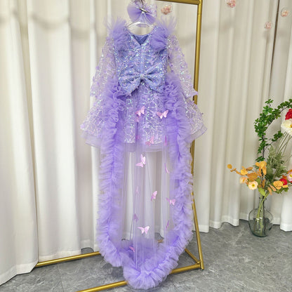 Sequins Pink Girl Dress Knee Length Train Long Sleeve Princess J282