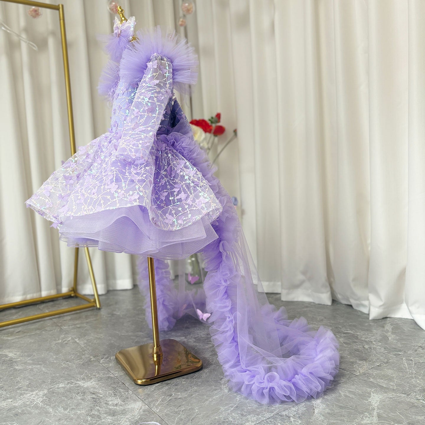 Sequins Pink Girl Dress Knee Length Train Long Sleeve Princess J282