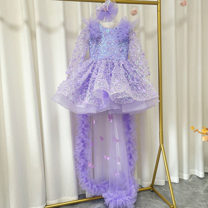 Sequins Pink Girl Dress Knee Length Train Long Sleeve Princess J282