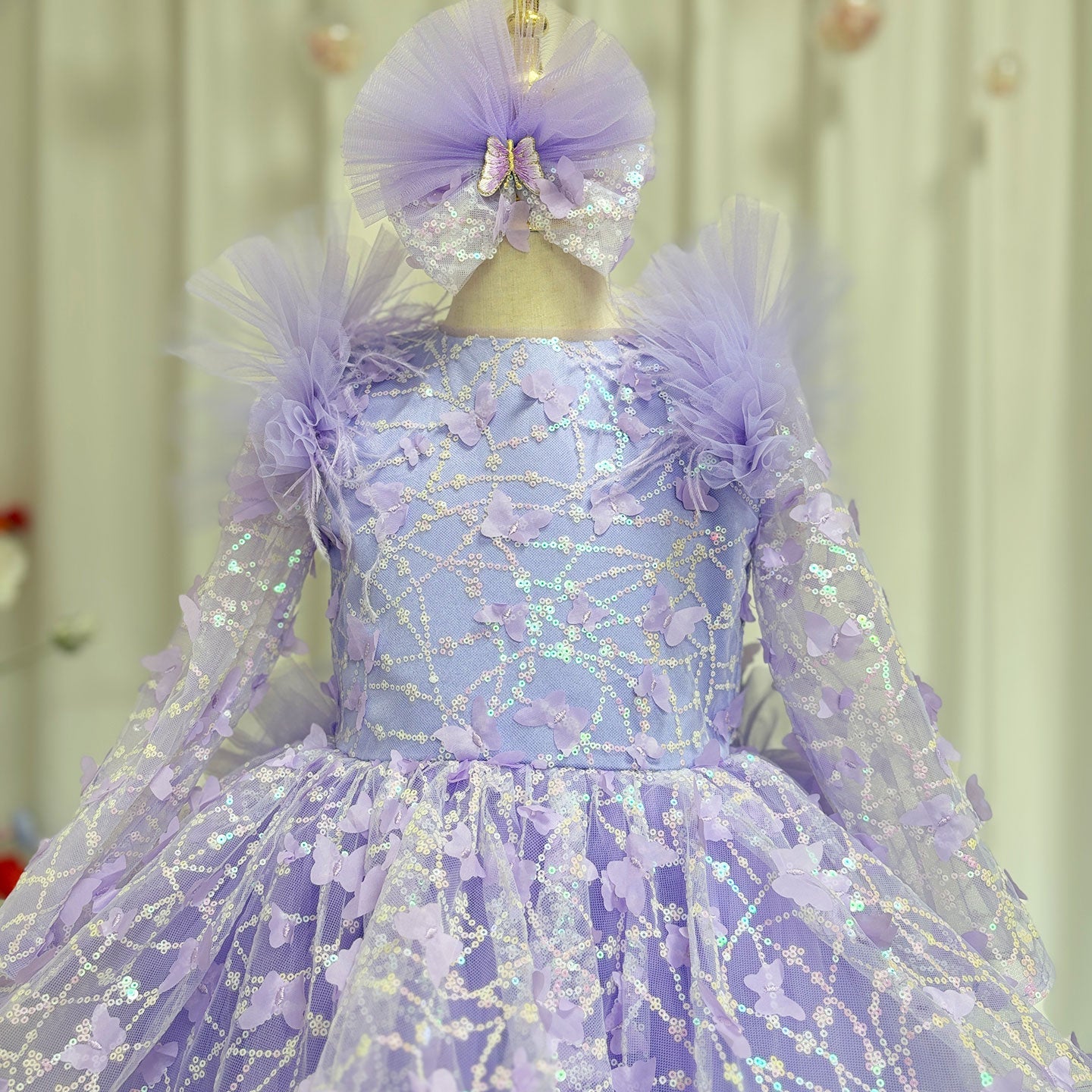 Sequins Pink Girl Dress Knee Length Train Long Sleeve Princess J282