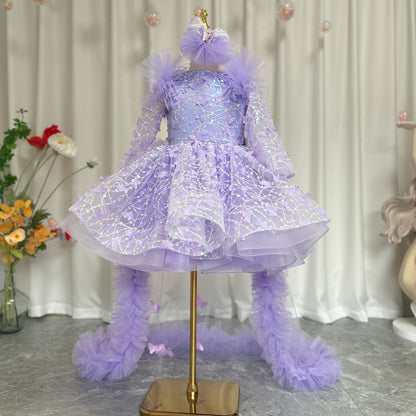 Sequins Pink Girl Dress Knee Length Train Long Sleeve Princess J282