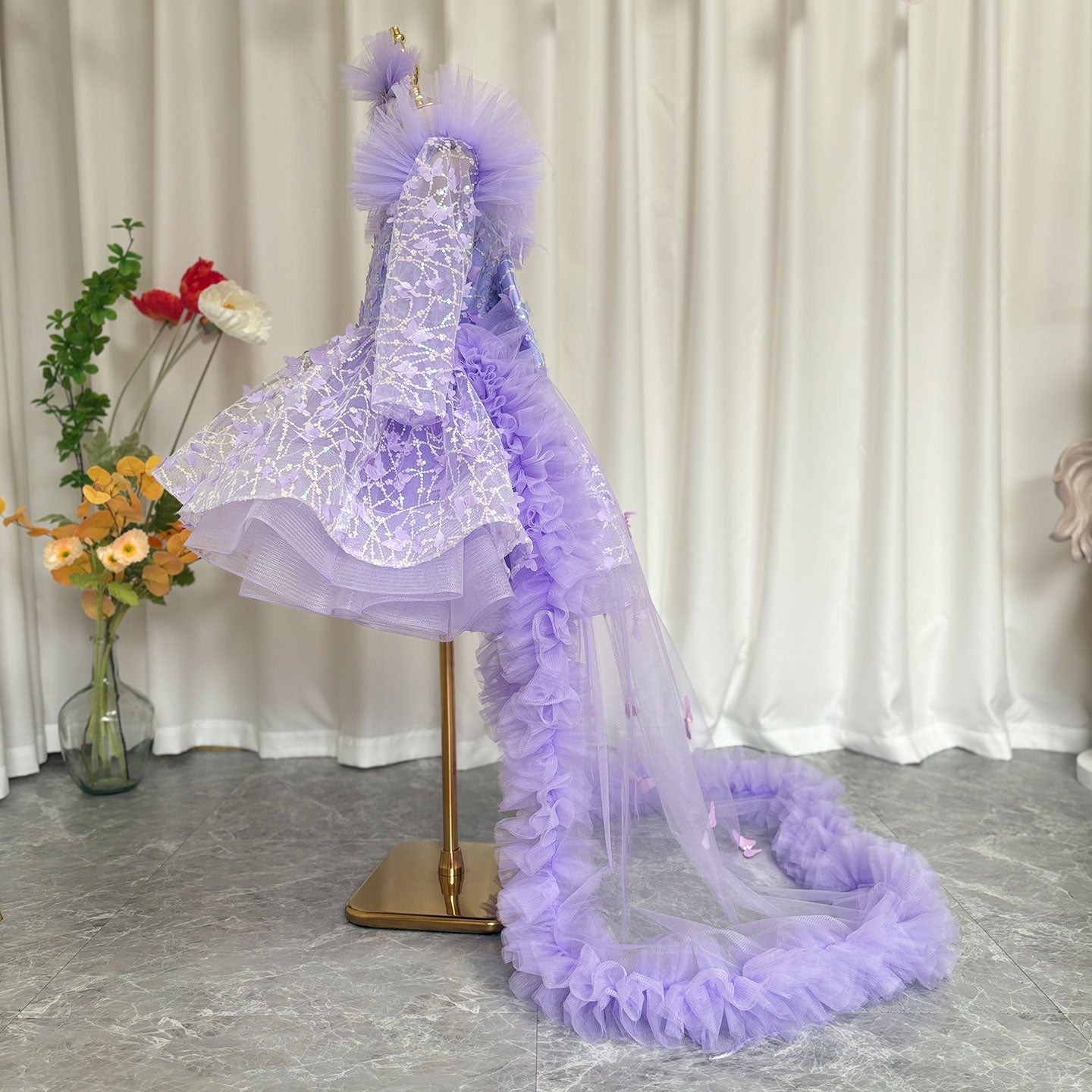 Sequins Pink Girl Dress Knee Length Train Long Sleeve Princess J282