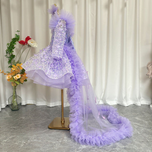 Sequins Pink Girl Dress Knee Length Train Long Sleeve Princess J282