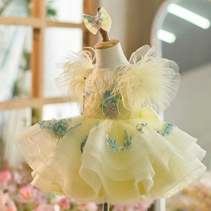 Sequins  Princess Yellow Girl Dress Knee Length Puffy Sleeve J258