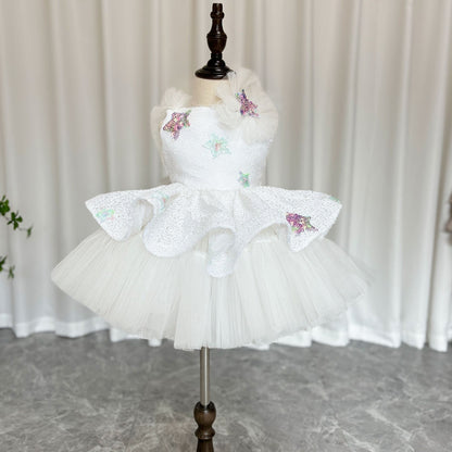 Sequins White Flower Girl Dress Knee Length Arabic Princess Gown J281