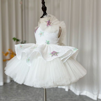 Sequins White Flower Girl Dress Knee Length Arabic Princess Gown J281