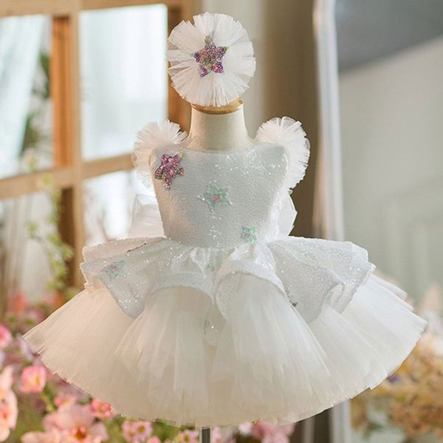 Sequins White Flower Girl Dress Knee Length Arabic Princess Gown J281