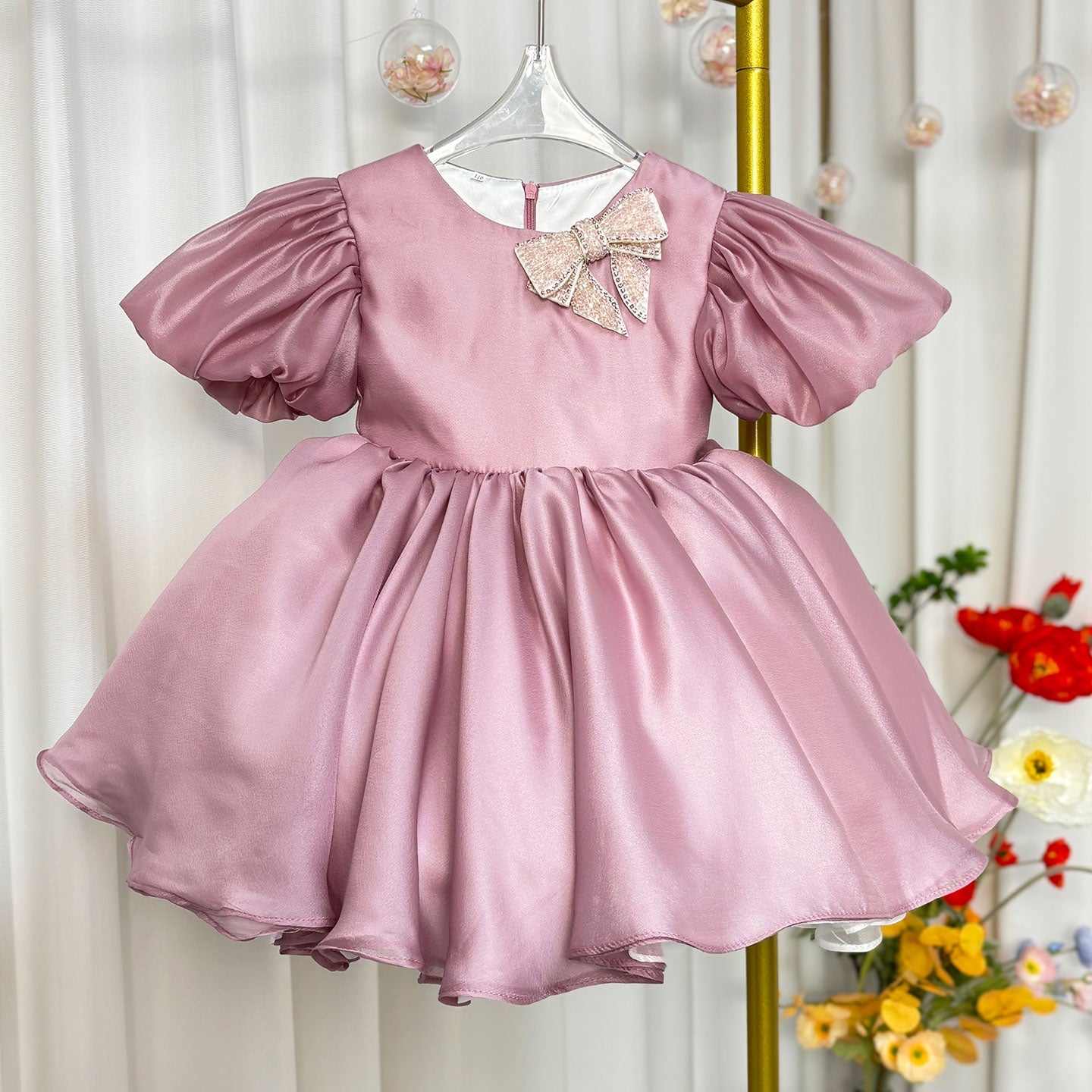 Shiny Elegant Dusty Rose Girl Dress with Bow Princess J257