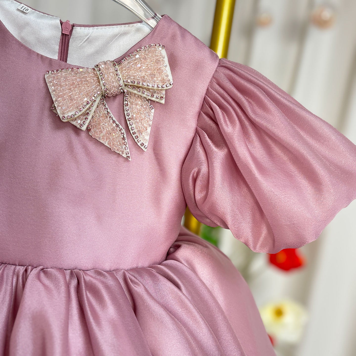 Shiny Elegant Dusty Rose Girl Dress with Bow Princess J257