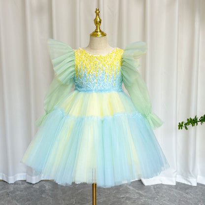 Shiny Pink Sky Blue Flower Girl Dress Sequined Formal Dance J091