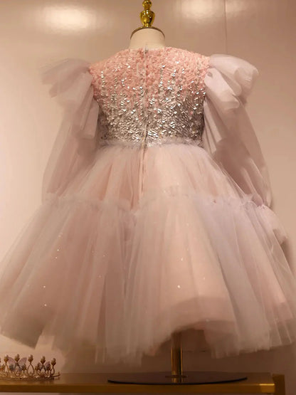 Shiny Pink Sky Blue Flower Girl Dress Sequined Formal Dance J091