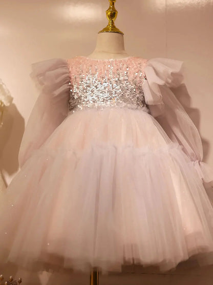 Shiny Pink Sky Blue Flower Girl Dress Sequined Formal Dance J091