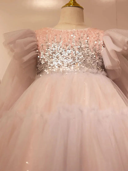 Shiny Pink Sky Blue Flower Girl Dress Sequined Formal Dance J091