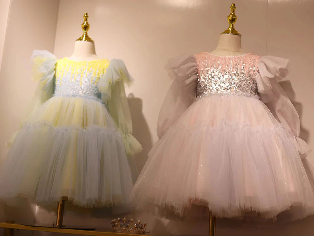 Shiny Pink Sky Blue Flower Girl Dress Sequined Formal Dance J091