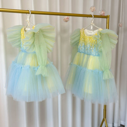 Shiny Pink Sky Blue Flower Girl Dress Sequined Formal Dance J091