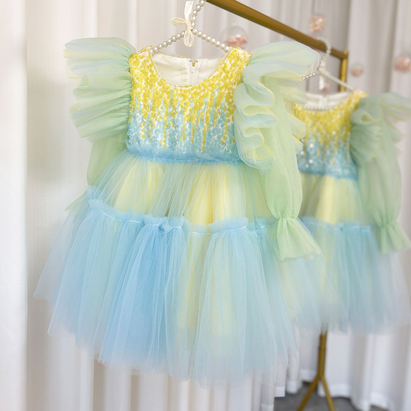 Shiny Pink Sky Blue Flower Girl Dress Sequined Formal Dance J091