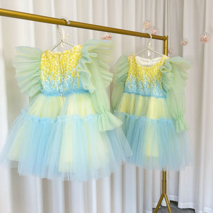 Shiny Pink Sky Blue Flower Girl Dress Sequined Formal Dance J091