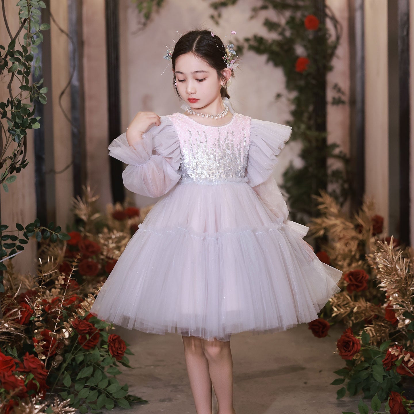 Shiny Pink Sky Blue Flower Girl Dress Sequined Formal Dance J091