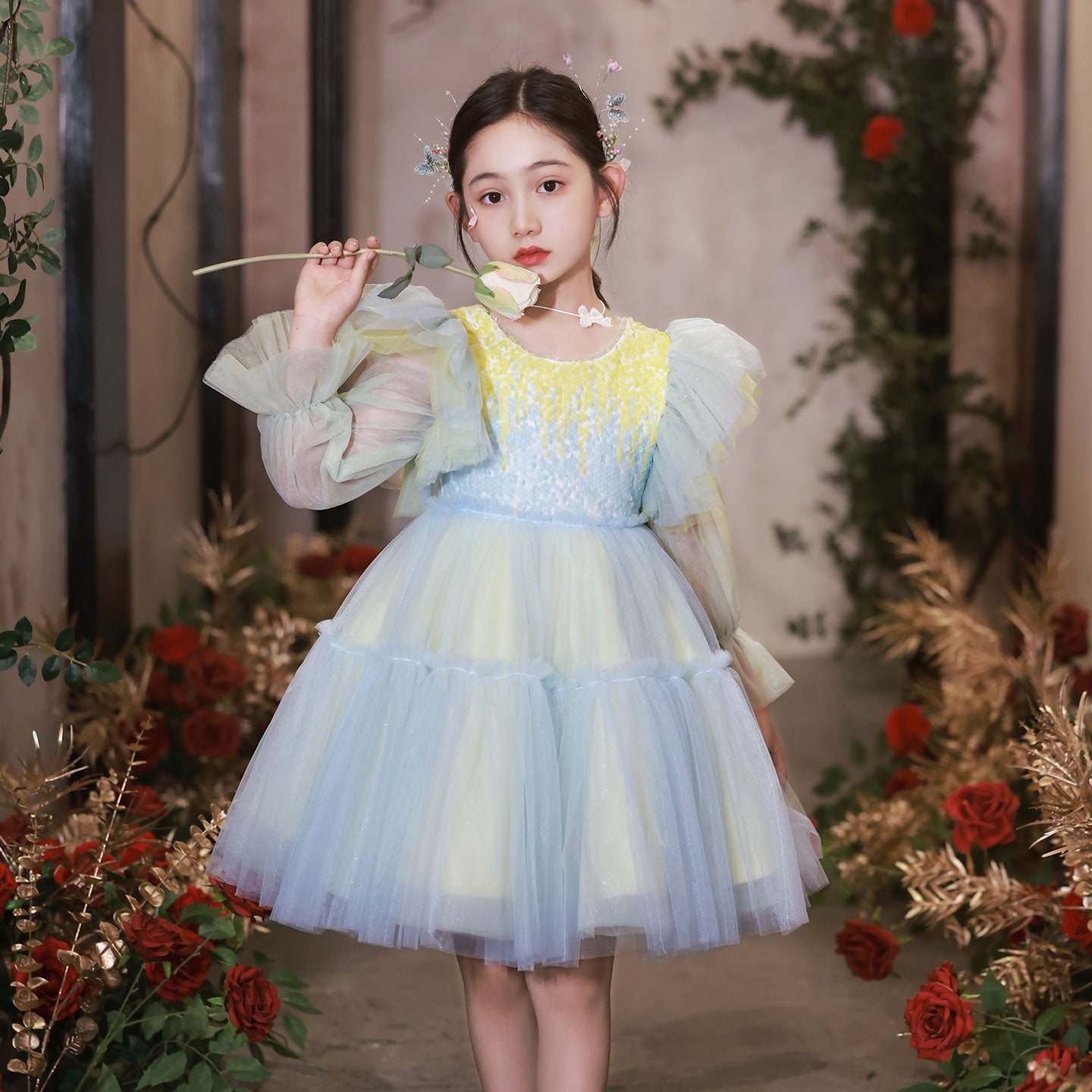 Shiny Pink Sky Blue Flower Girl Dress Sequined Formal Dance J091