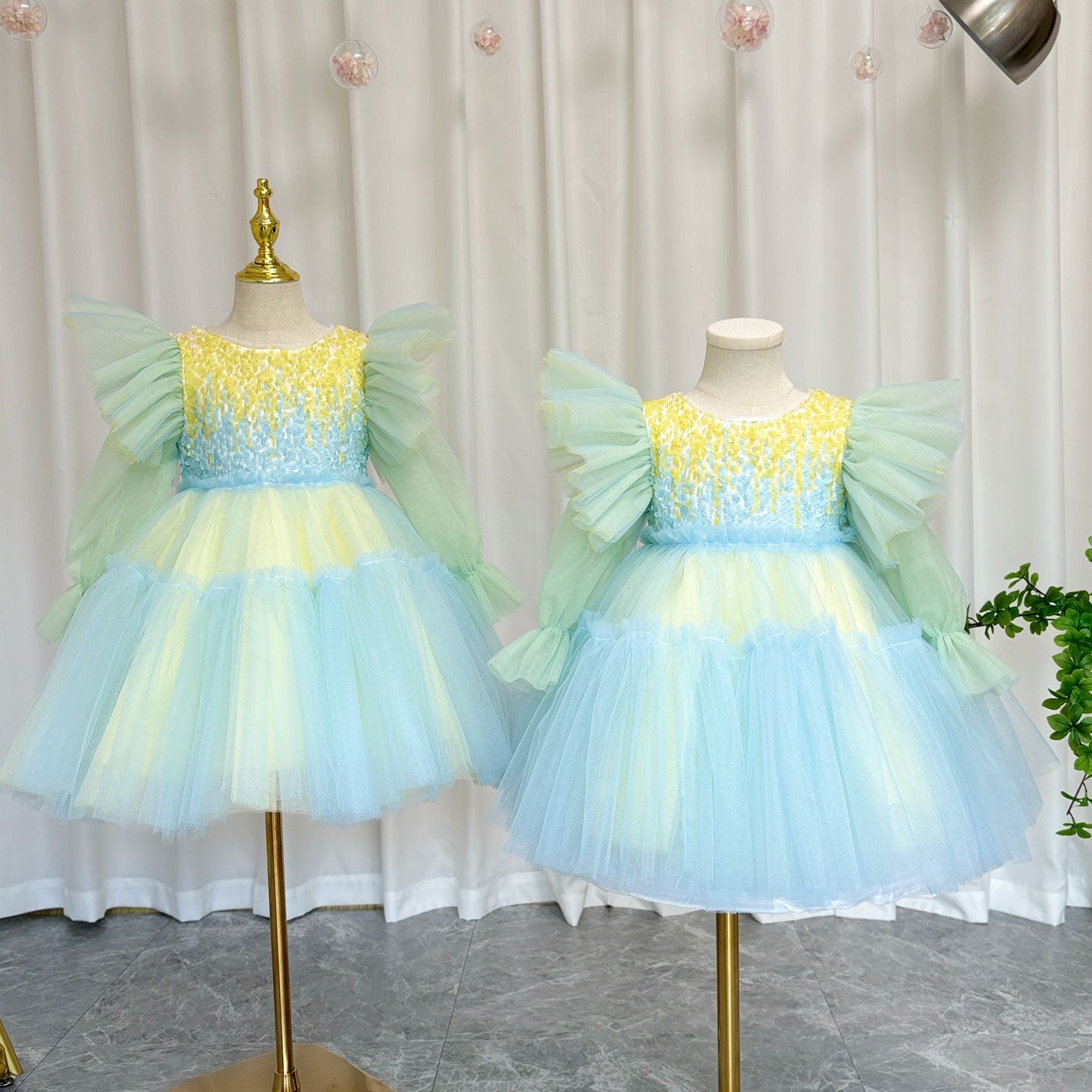 Shiny Pink Sky Blue Flower Girl Dress Sequined Formal Dance J091