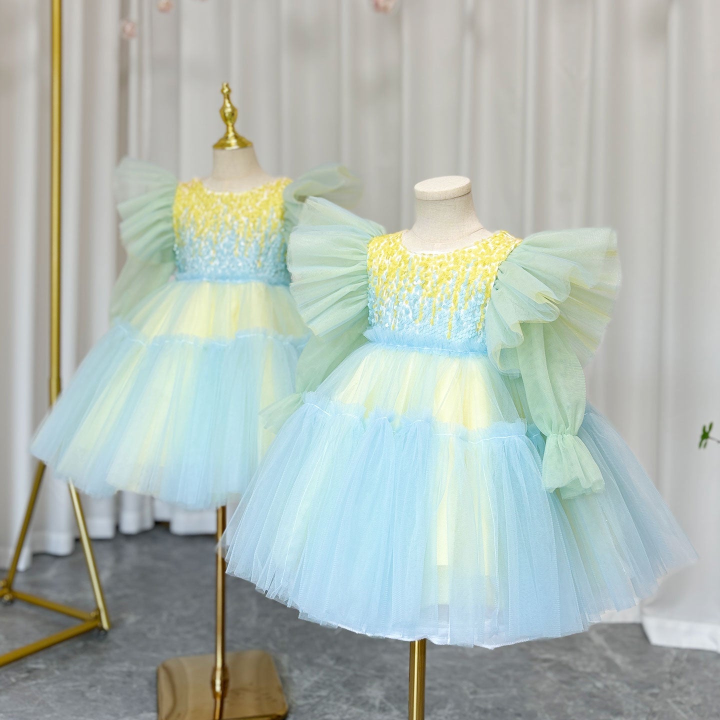Shiny Pink Sky Blue Flower Girl Dress Sequined Formal Dance J091