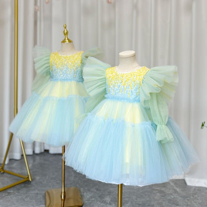 Shiny Pink Sky Blue Flower Girl Dress Sequined Formal Dance J091