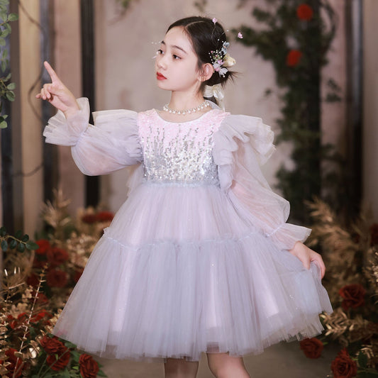 Shiny Pink Sky Blue Flower Girl Dress Sequined Formal Dance J091