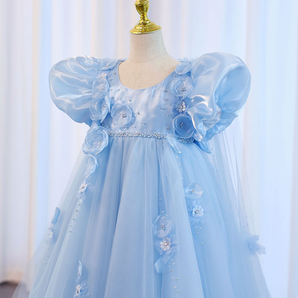 Sky Blue Arabic Flower Girl Dresses Crystal with Cape 3D Flowers J098