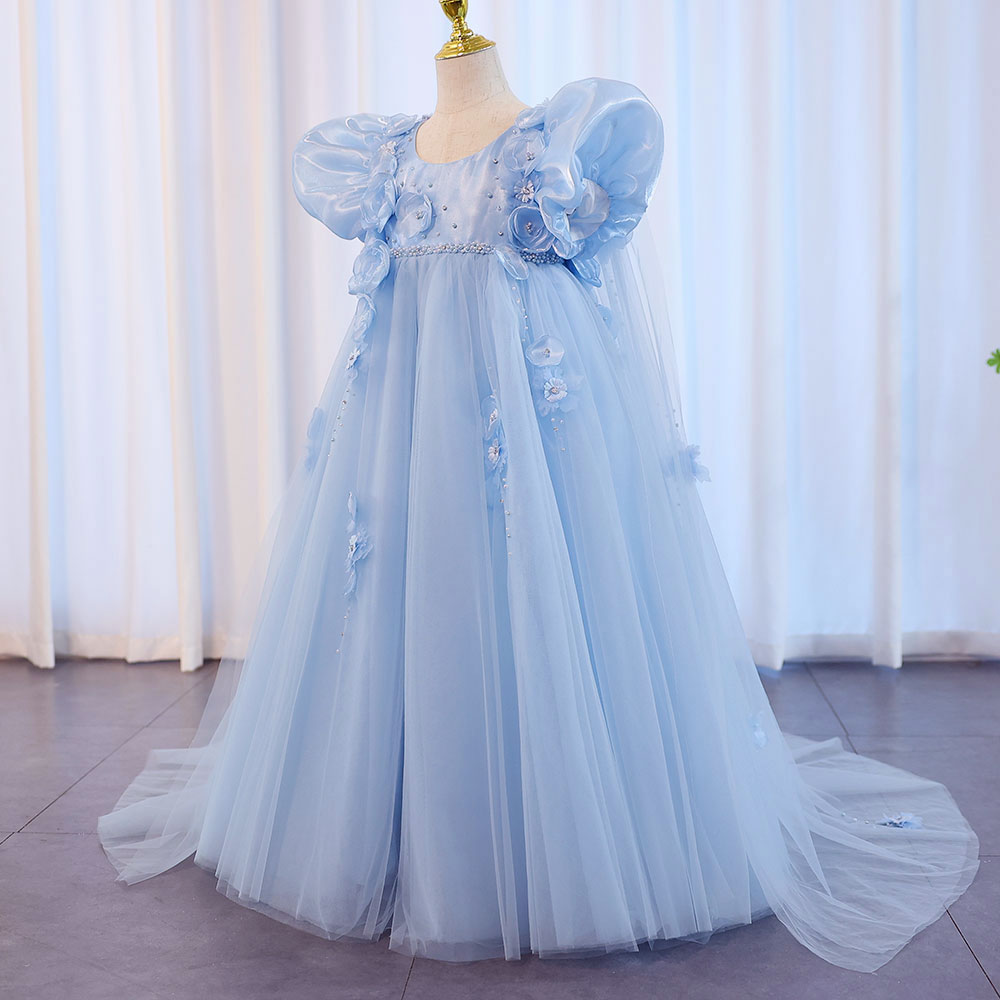 Sky Blue Arabic Flower Girl Dresses Crystal with Cape 3D Flowers J098