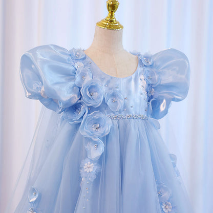 Sky Blue Arabic Flower Girl Dresses Crystal with Cape 3D Flowers J098