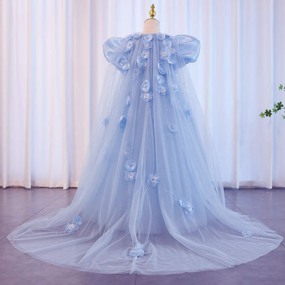 Sky Blue Arabic Flower Girl Dresses Crystal with Cape 3D Flowers J098