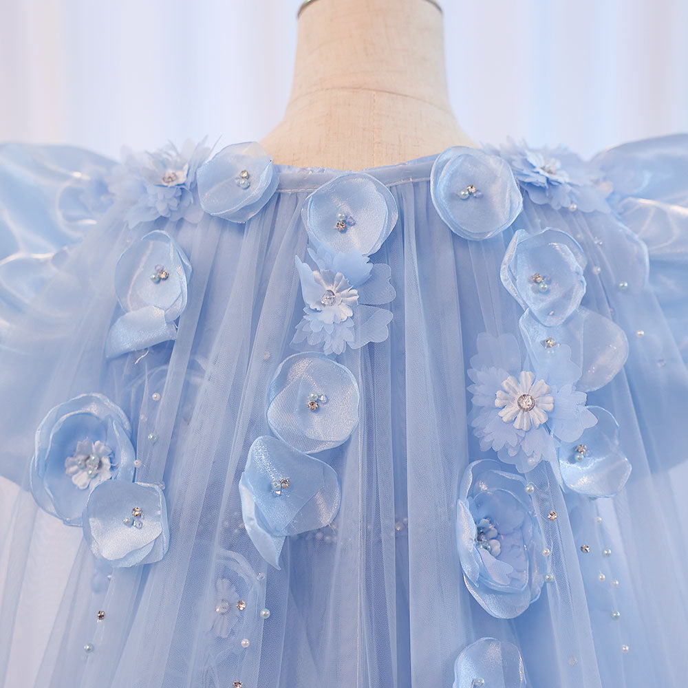 Sky Blue Arabic Flower Girl Dresses Crystal with Cape 3D Flowers J098