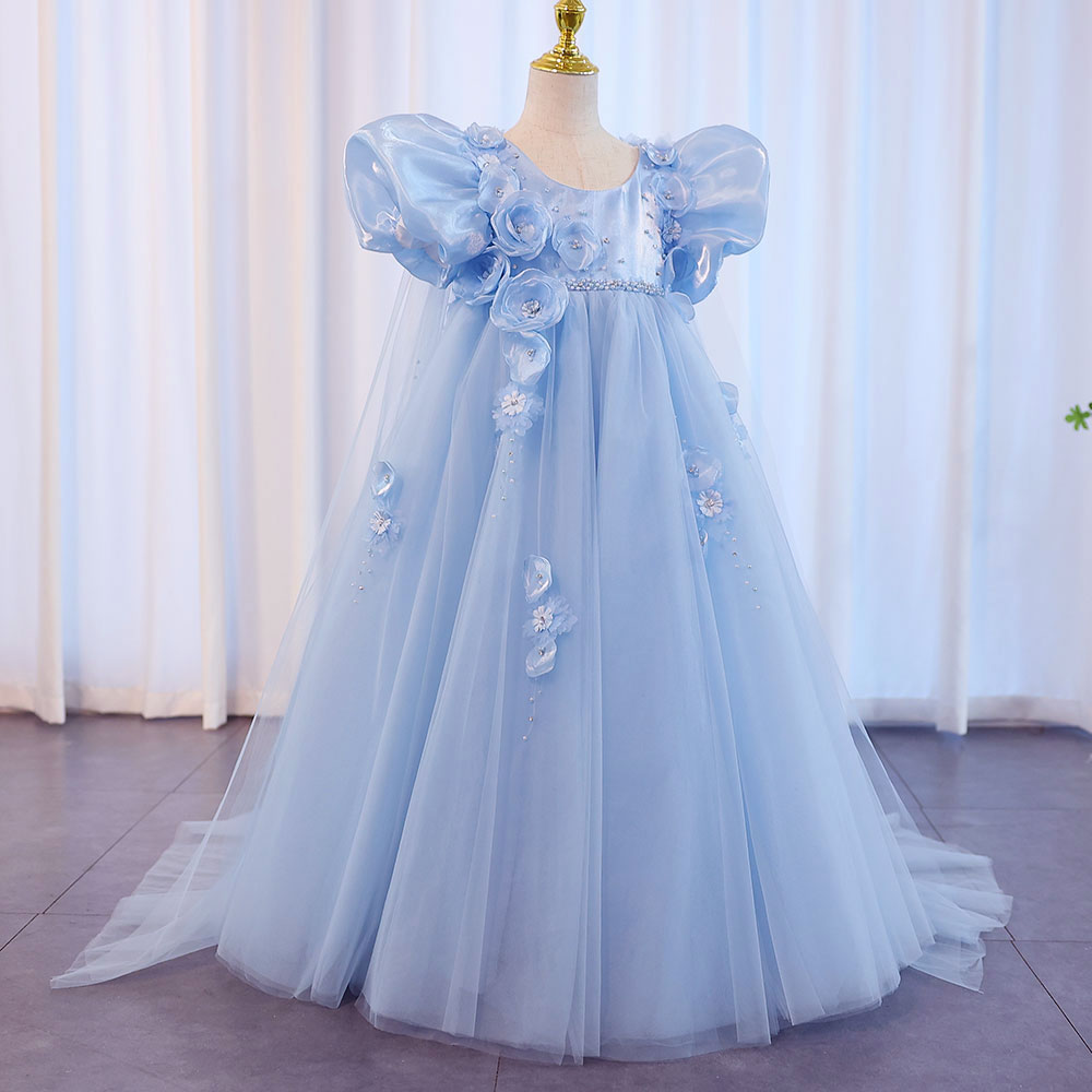 Sky Blue Arabic Flower Girl Dresses Crystal with Cape 3D Flowers J098