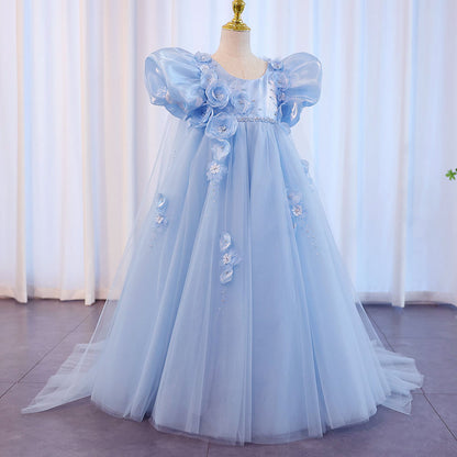 Sky Blue Arabic Flower Girl Dresses Crystal with Cape 3D Flowers J098