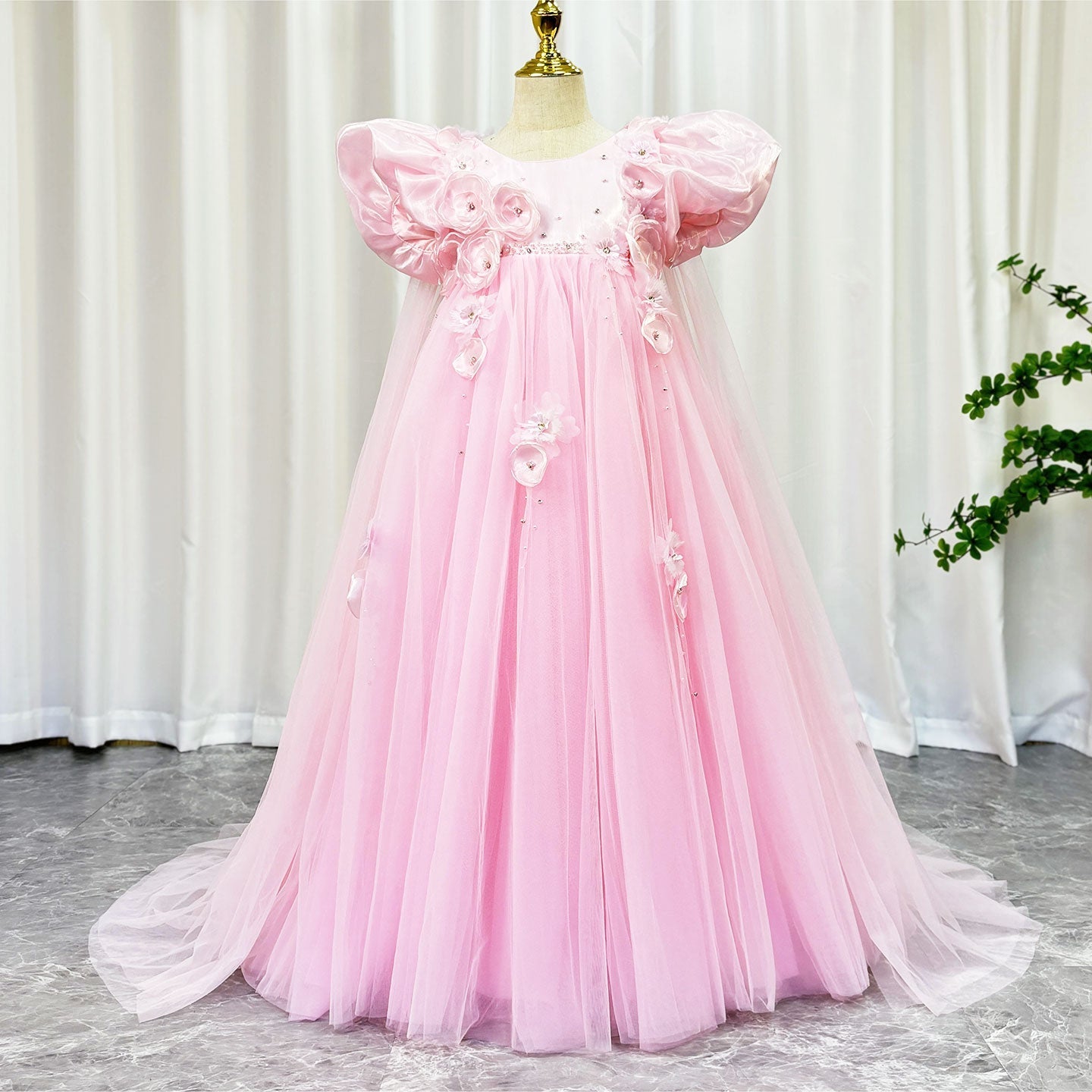 Sky Blue Arabic Flower Girl Dresses Crystal with Cape 3D Flowers J098