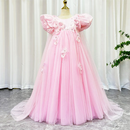 Sky Blue Arabic Flower Girl Dresses Crystal with Cape 3D Flowers J098