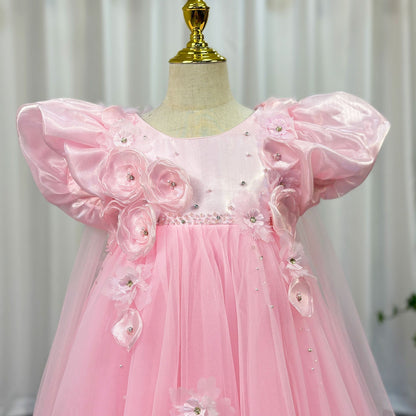 Sky Blue Arabic Flower Girl Dresses Crystal with Cape 3D Flowers J098