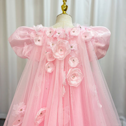 Sky Blue Arabic Flower Girl Dresses Crystal with Cape 3D Flowers J098